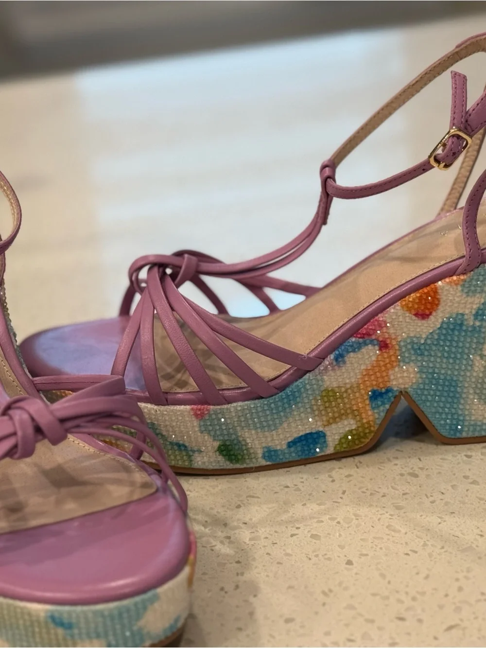 CECELIA NEW YORK Lilac T-Strap Platforms with Floral Multicolor Block Heel